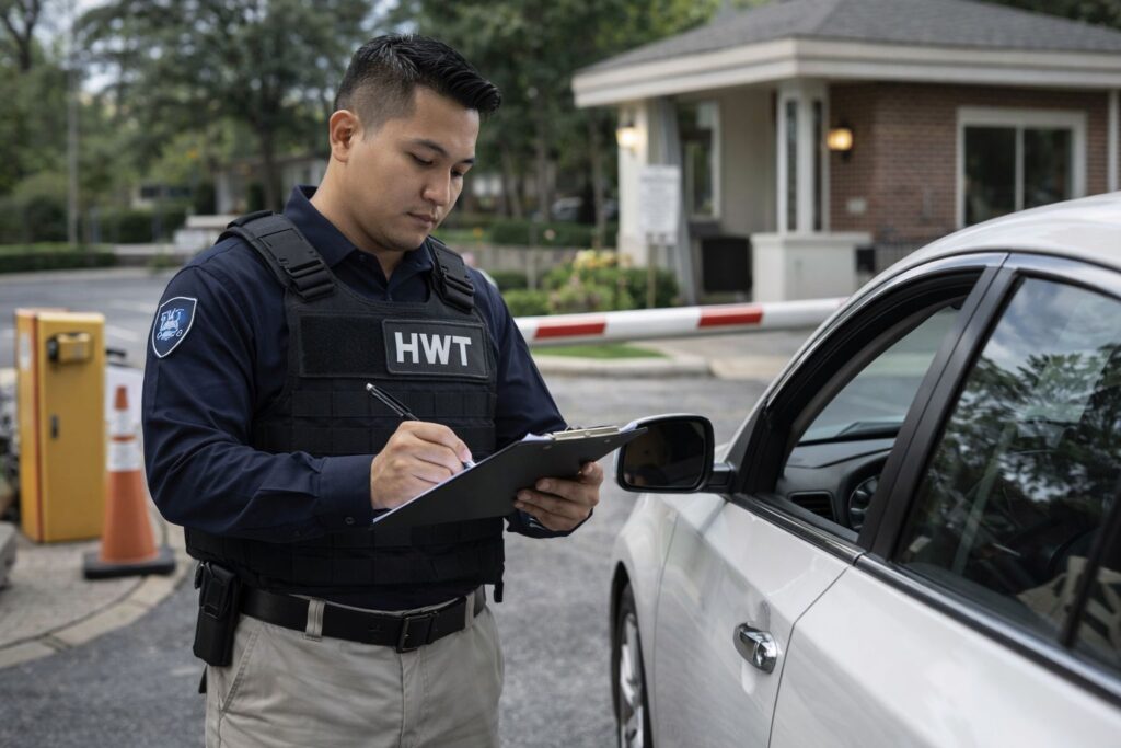 Guardia de seguridad realizando control de acceso vehicular en fraccionamiento.